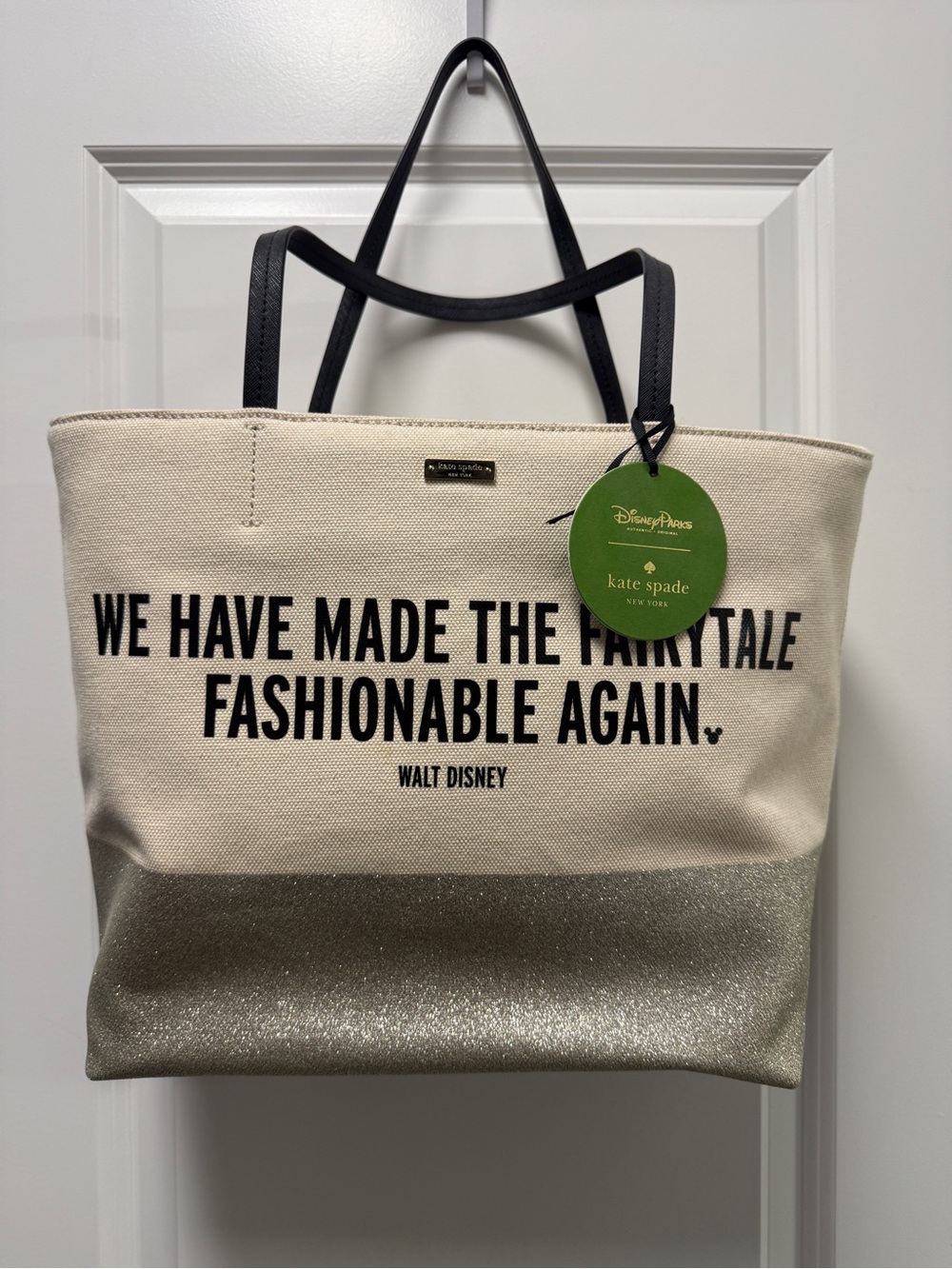 kate spade Cream and Gold Canvas Tote with Black Handles